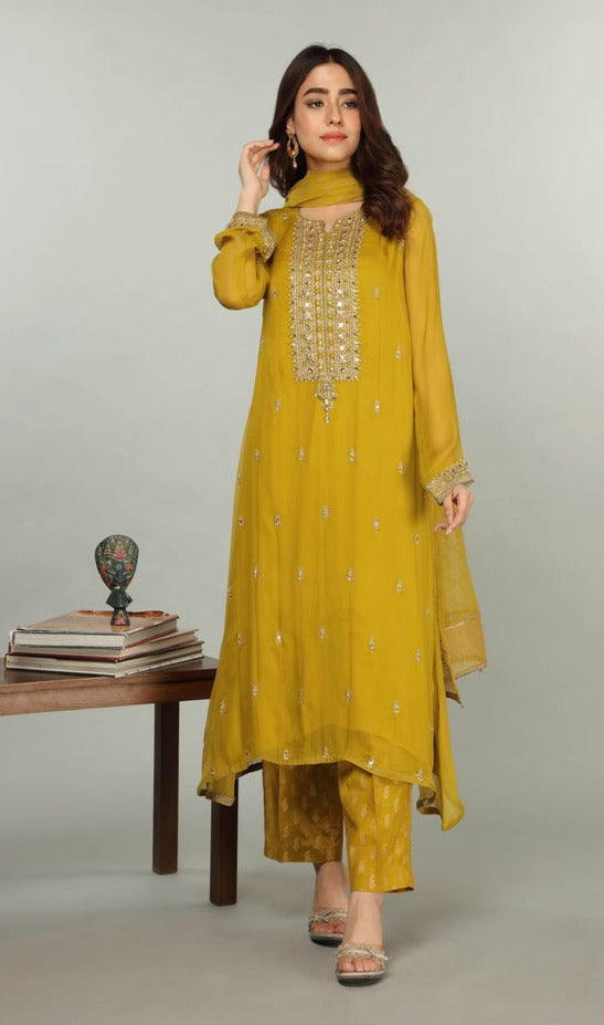 Pakistani Party Dress in Lemon Colored Salwar Kameez