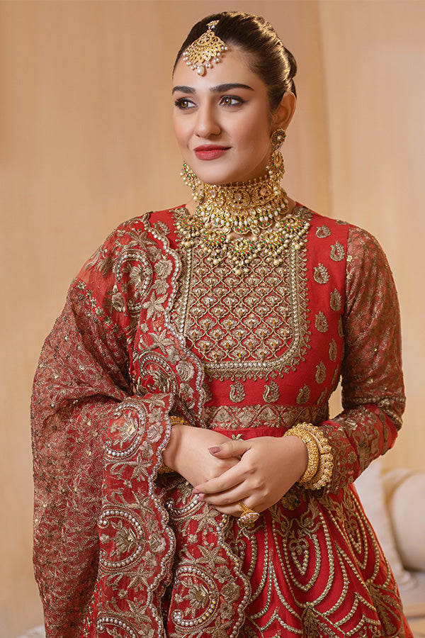 Pakistani Party Dress in Raw Silk Red Lehenga and Traditional Pishwas Style