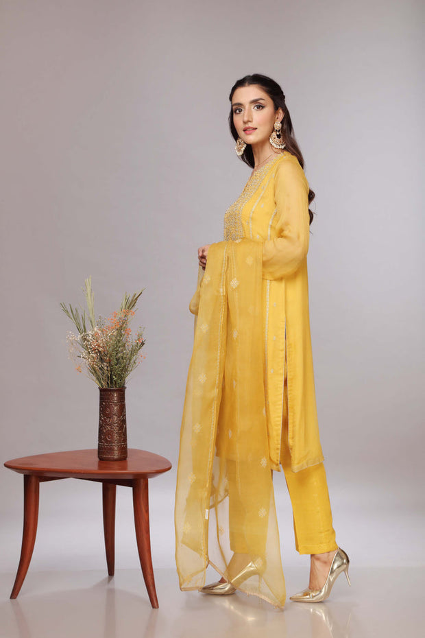 Pakistani Party Dress in Yellow Kameez Trouser Style Online