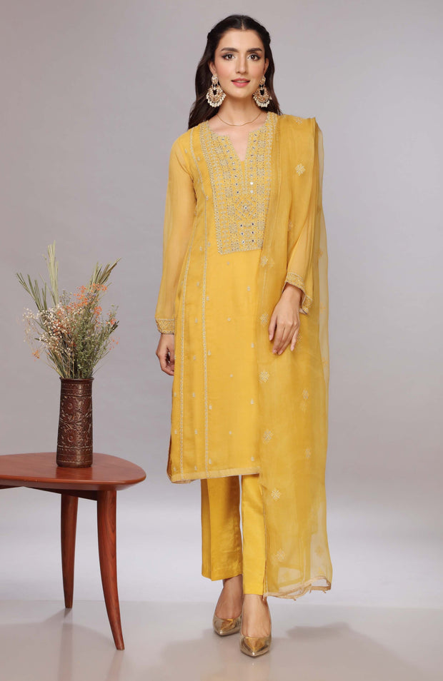 Pakistani Party Dress in Yellow Kameez Trouser Style