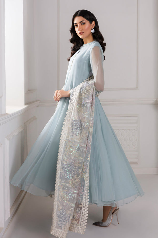 Pakistani Party Frock With Dupatta In Sky Blue Color 2023