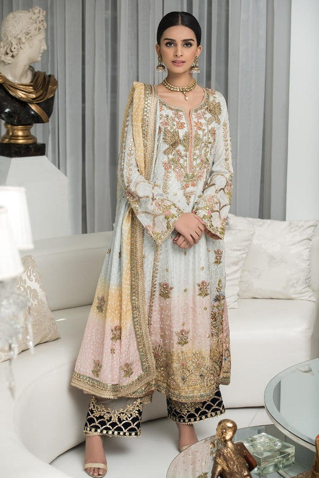 Pakistani Party Frock with Embroidery in White Color 