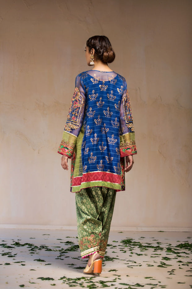 Pakistani Party Outfit in Blue Color Backside Look