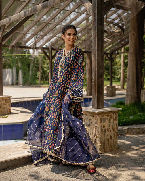 Blue Pakistani Party Wear Trouser Suits with Long Kameez – Nameera by ...