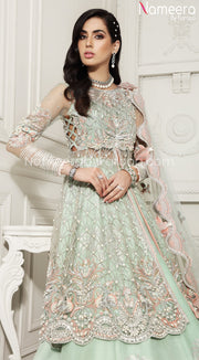 Pakistani Peplum Dress with Lehenga for Brides Neckline Embroidery