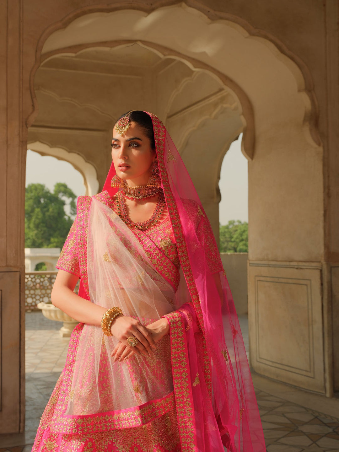 Pakistani Pink Bridal Lehenga with Choli & Dupatta