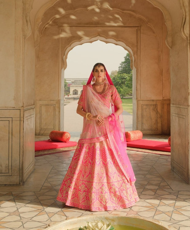 Pakistani Pink Bridal Lehenga with Choli and Dupatta
