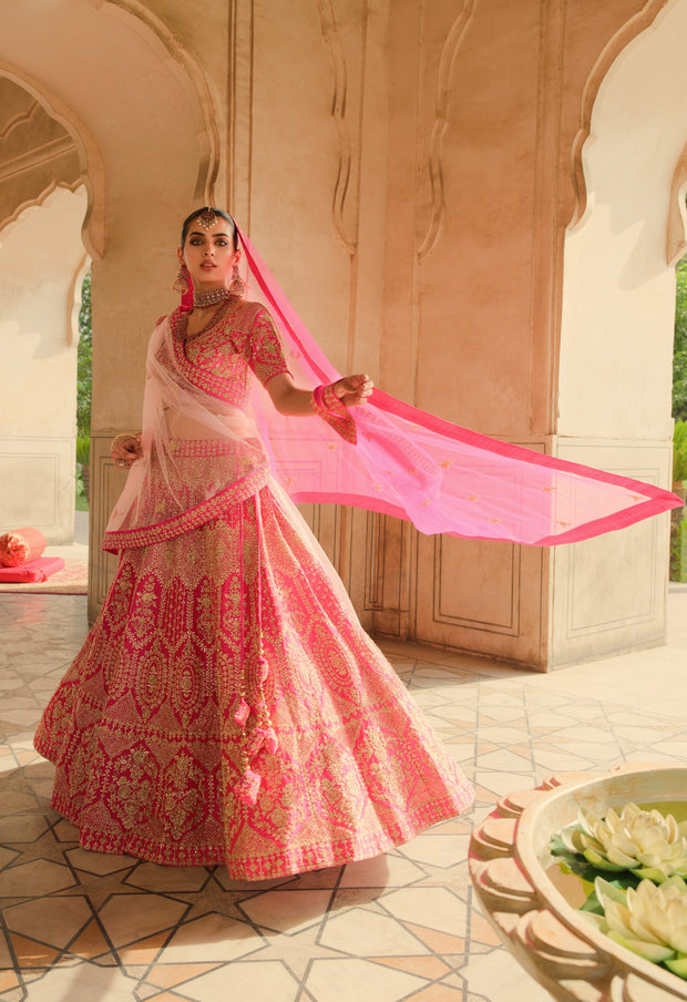 Pakistani Pink Bridal Lehenga with Choli and Dupatta Online