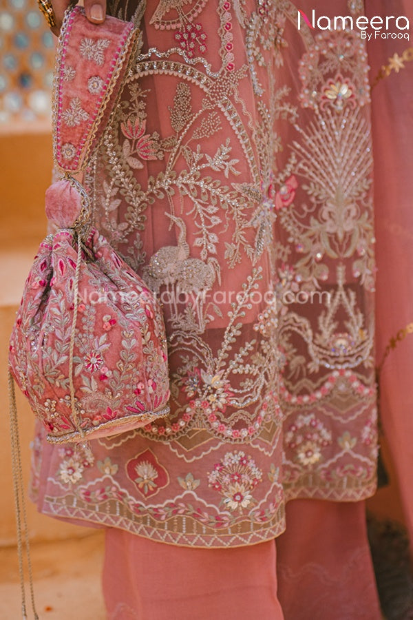 Pakistani Pink Chiffon Dress for Wedding Party Thread Embroidery