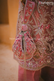 Pakistani Pink Chiffon Dress for Wedding Party Gherah Look