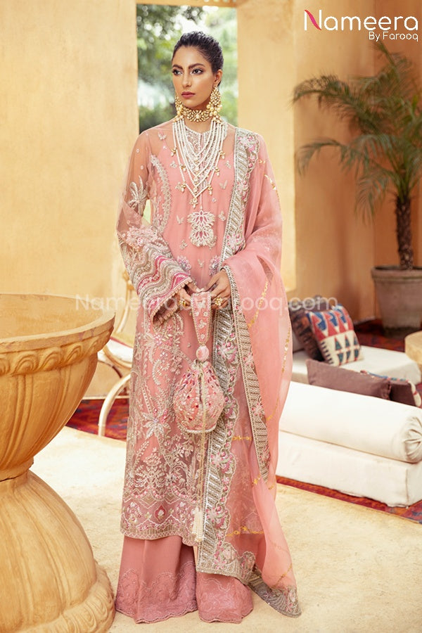 pink chiffon dress pakistani Rose Pink Chiffon Heavy Embroidered Straight Cut Premium Festive Wear