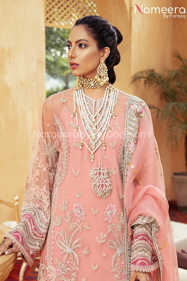 Pakistani Pink Chiffon Dress for Wedding Party Neckline Embroidery