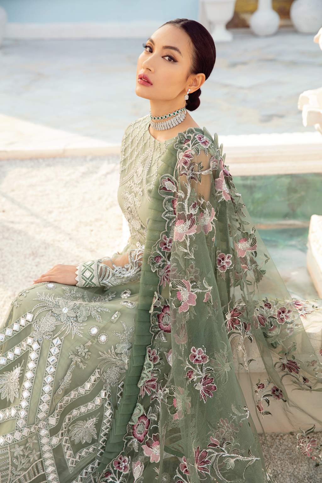 Pakistani Pishwas Dress in Mint Green Color