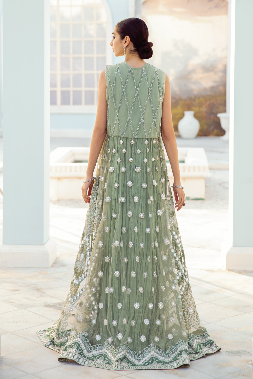 Pakistani Pishwas Dress in Mint Green Shade Designer