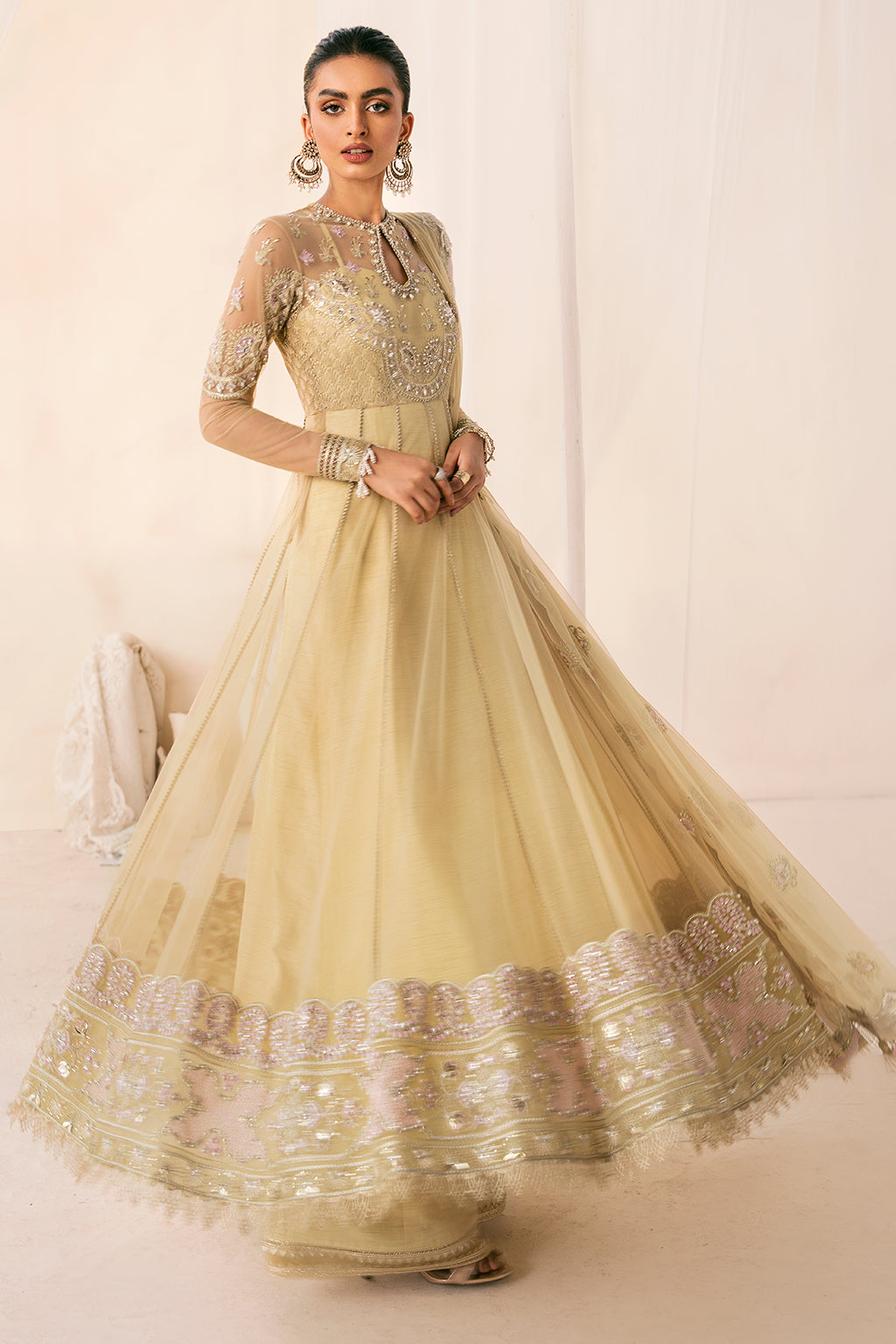 Pakistani Pishwas Dress in Olive Green Shade for Wedding