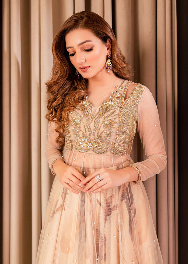 Pakistani Pishwas Frock with Lehenga and Net Dupatta Dress