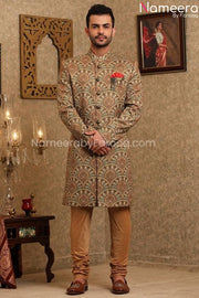 Pakistani Printed Silk Sherwani for Men's Online Front Look
