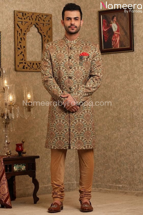 Pakistani Printed Silk Sherwani for Men's Online Front Look