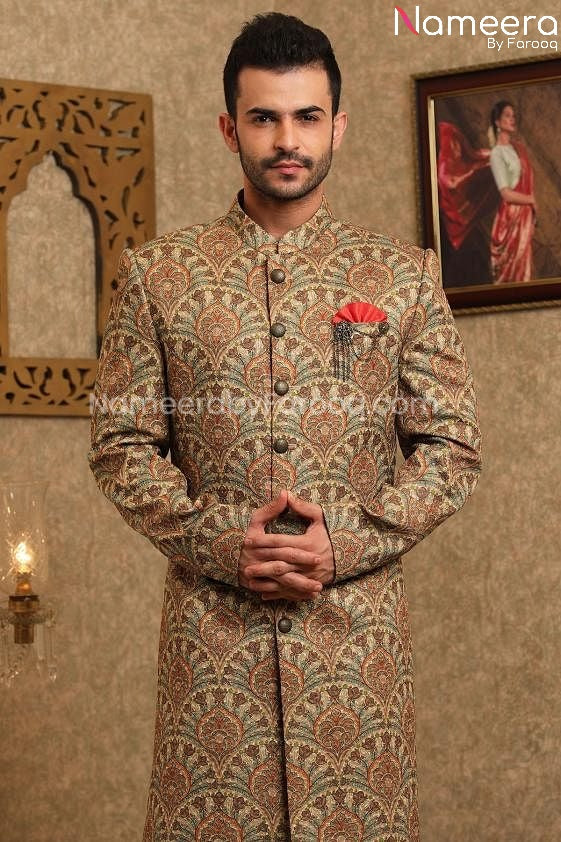 vPakistani Printed Silk Sherwani for Men's Online Close Up View