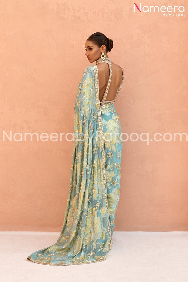 Latest Pakistani Pure Chiffon Floral Print Saree Backside Look