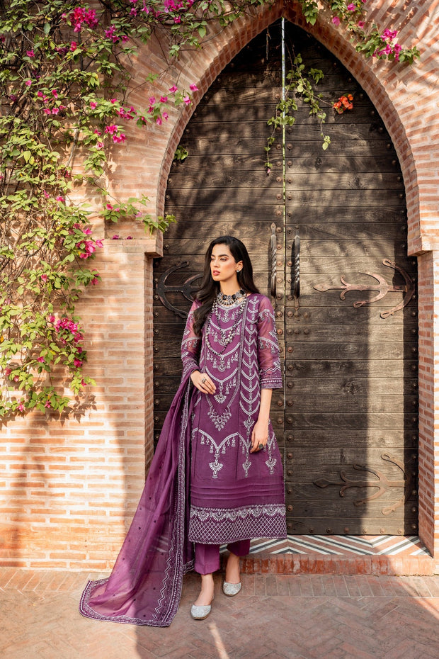 Elegant Pakistani Purple Dress in Gown Trouser Style for Eid Nameera by Farooq