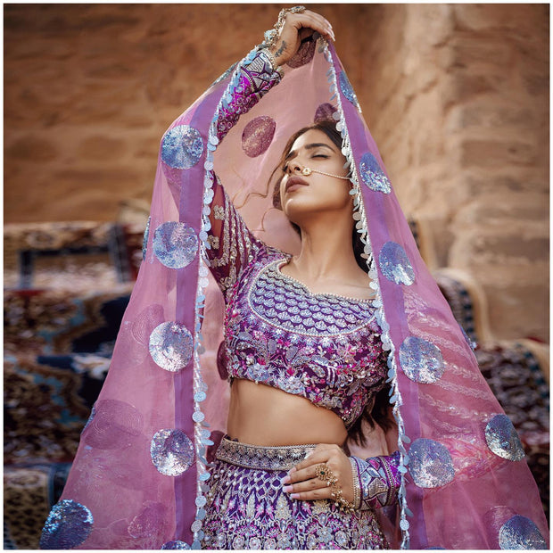 Pakistani Purple Lehenga with Choli and Dupatta Dress