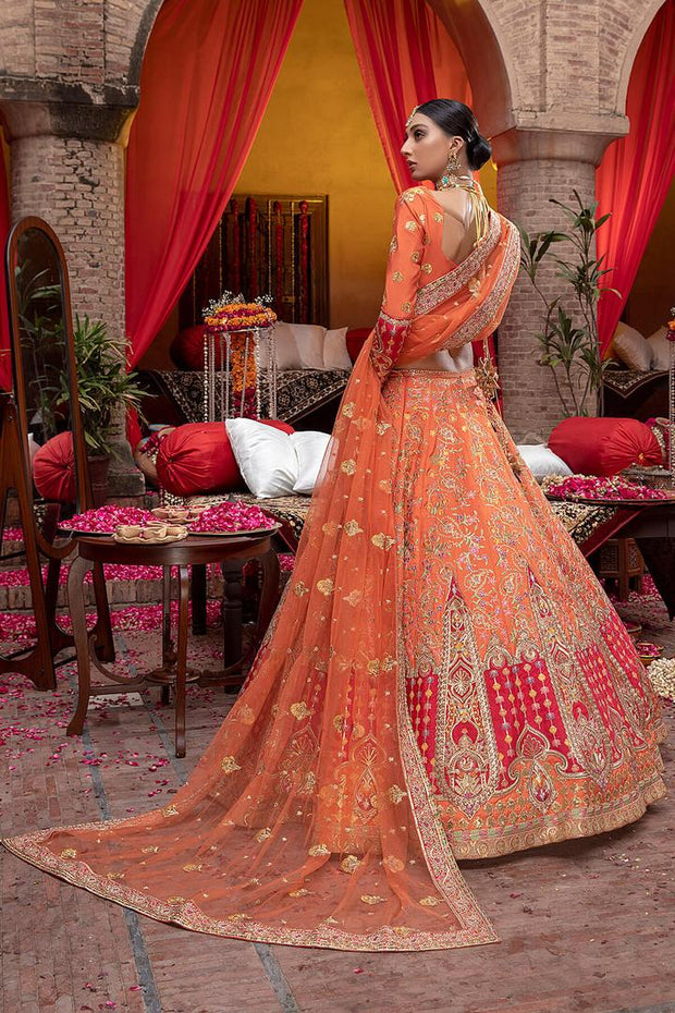 Pakistani Raw Silk Orange Lehenga Choli Dress for Bridal Mehndi Nameera by Farooq