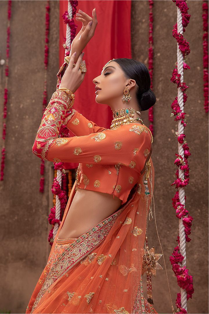 Pakistani Raw Silk Orange Lehenga Choli