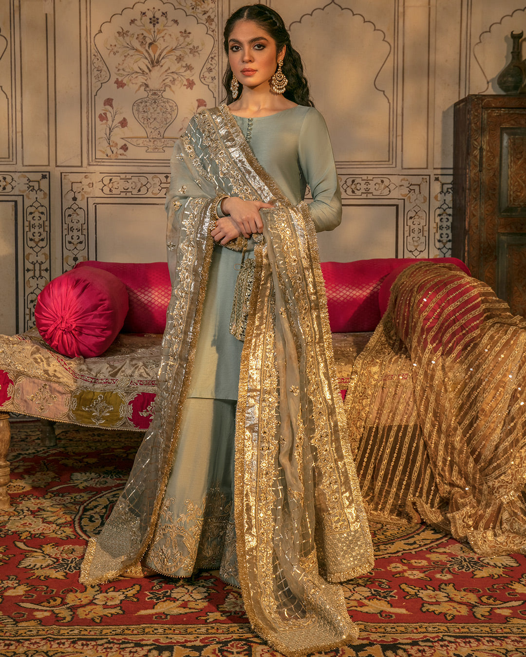 Latest Pakistani Raw Silk Sharara Kameez and Dupatta Dress Nameera by Farooq