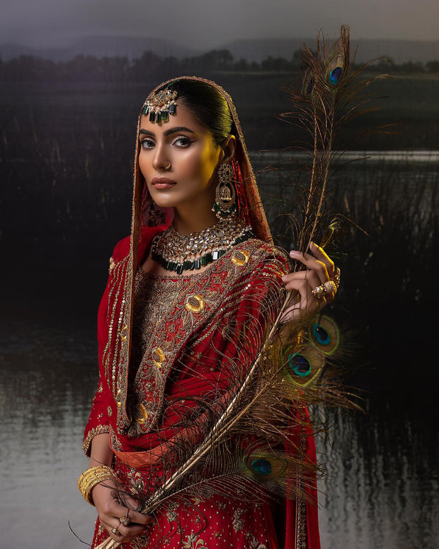 Pakistani Red Bridal Dress in Farshi Lehenga Kameez Style