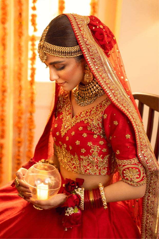 Pakistani Red Bridal Lehenga Choli Dupatta Dress