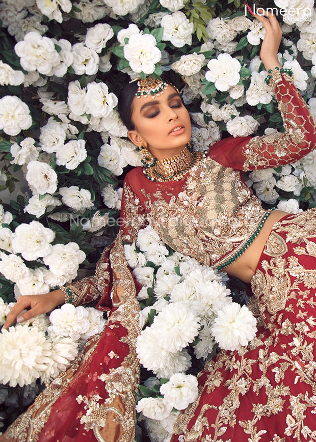Pakistani Red Bridal Lehenga Online for Wedding Neckline Embroidery
