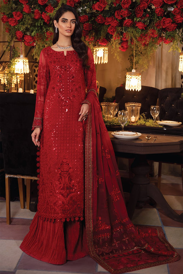 Red Yoke Embroidered Flared Gown with Attached Dupatta and Sequinned B –  Inddus.com
