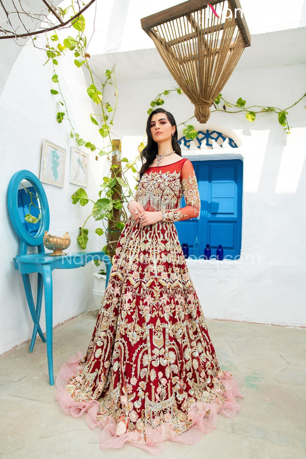 red maxi dress pakistani Red Maroon Bridal Gown: Pakistani Wedding Maxi Dress, Embroidered Dupatta