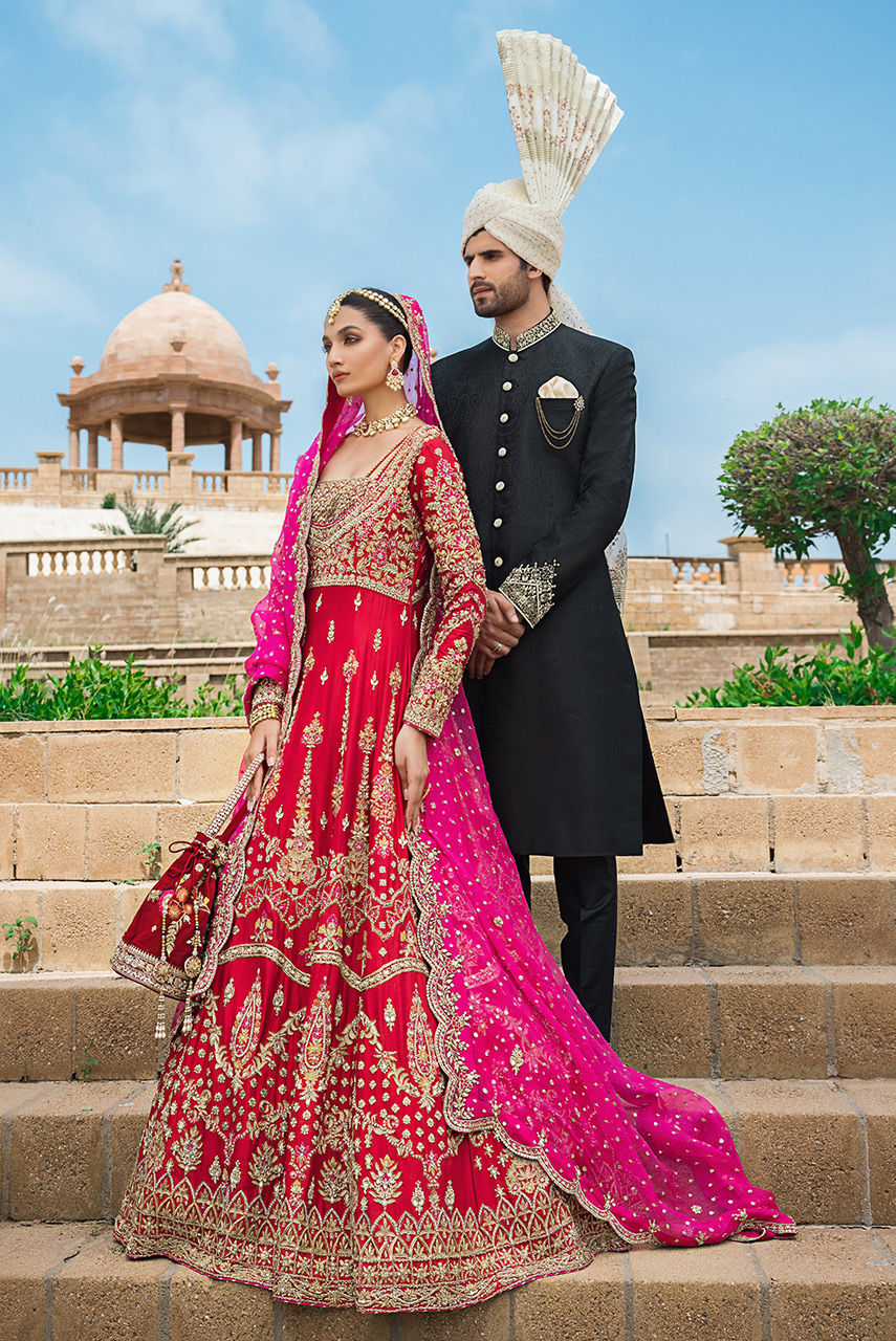 Pakistani Red Bridal Dress - Raw Silk Gown Style