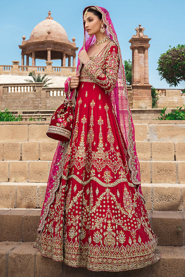 Pakistani Red Dress in Raw Silk Gown Style for Bride