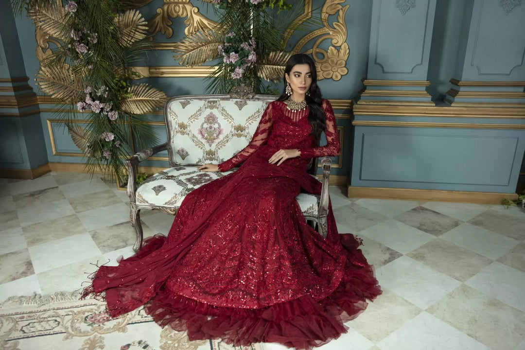 Pakistani Red Dress in Traditional Pishwas Frock Style Online
