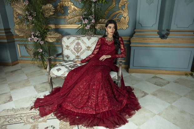 Pakistani Red Dress in Traditional Pishwas Frock Style Online