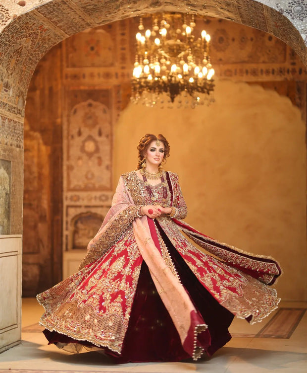 Pakistani Red Lehenga with Front Open Gown and Dupatta Dress