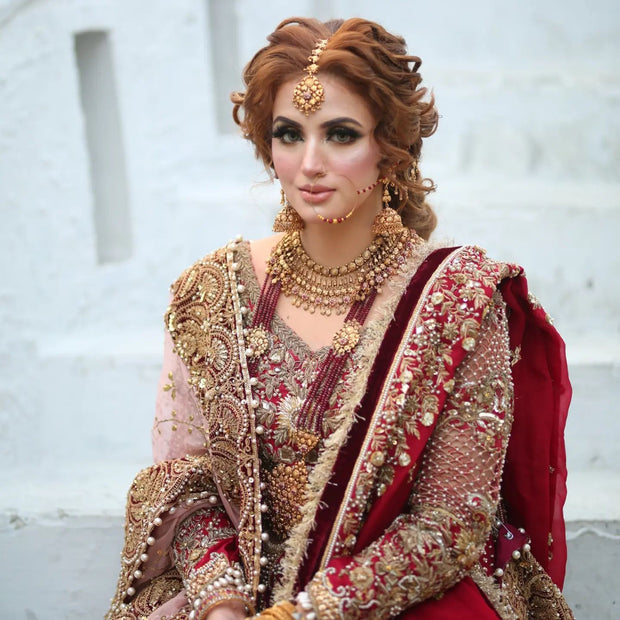 Pakistani Red Lehenga with Front Open Gown and Dupatta Online