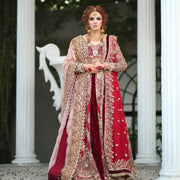 Pakistani Red Lehenga with Front Open Gown and Dupatta