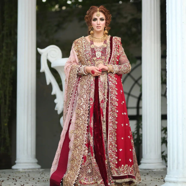 Pakistani Red Lehenga with Front Open Gown and Dupatta Dress – Nameera ...