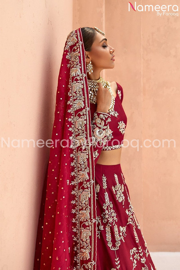 Pakistani Red Silk Embellished Lehehnga Choli Close Up
