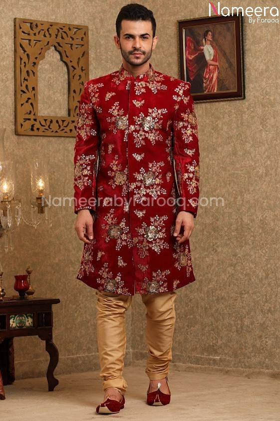 Pakistani Red Velvet Sherwani for Wedding Online Front Look