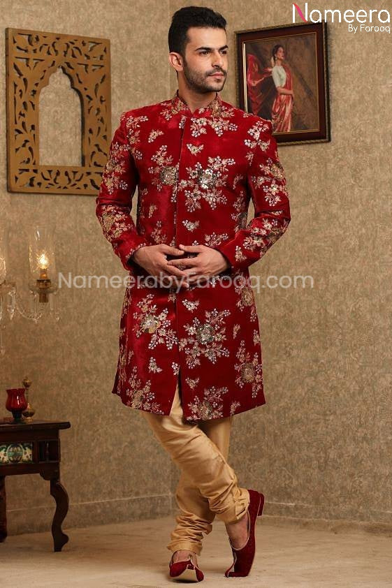 Pakistani Red Velvet Sherwani for Wedding Online