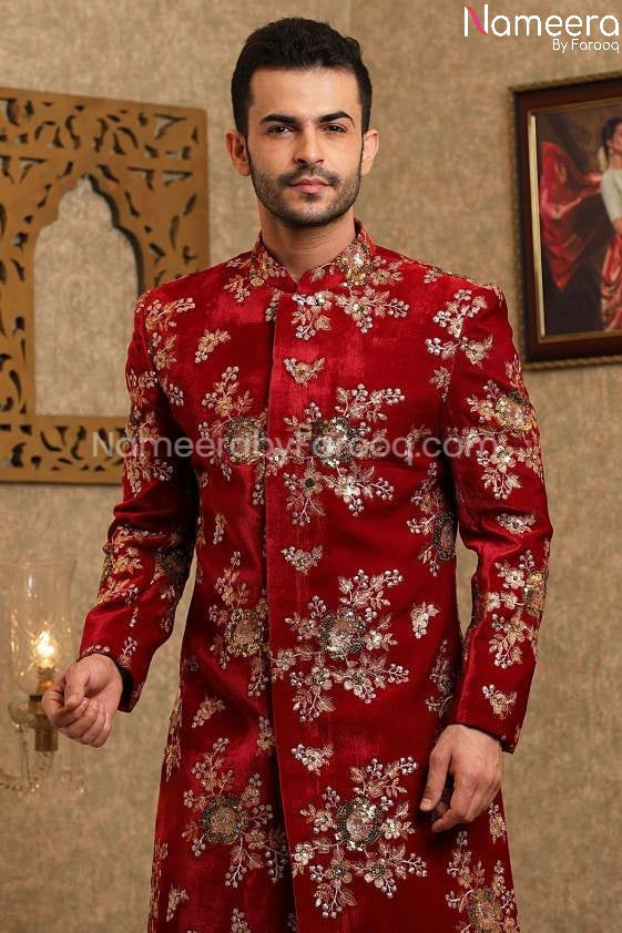 Pakistani Red Velvet Sherwani for Wedding Online Close Up view
