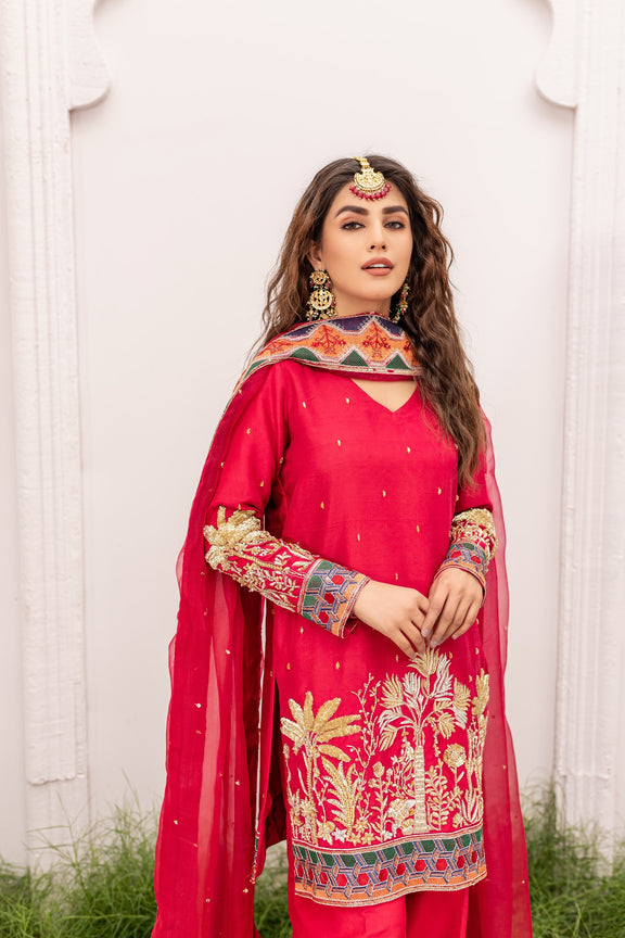 Pakistani Reddish Pink Kameez Trouser Dupatta Dress