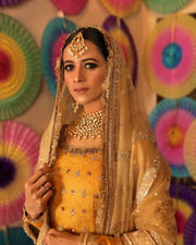 Pakistani Royal Anarkali Frock Sharara Yellow Mehndi Dress