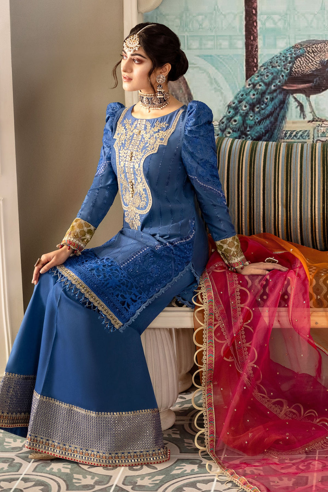 Pakistani Royal Blue Kurti Trousers with Dupatta wedding Party Wear 2023