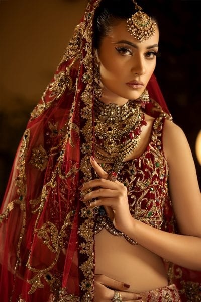 Pakistani Royal Wedding Dress in Maroon Color Close Up